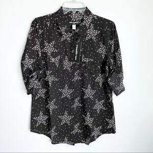 Karl Lagerfeld Star Whimsical Black White Letters Button Down Blouse Small